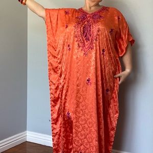 Stunning Orange Caftan with Purple Embroidery - Sante Classics, One Size
